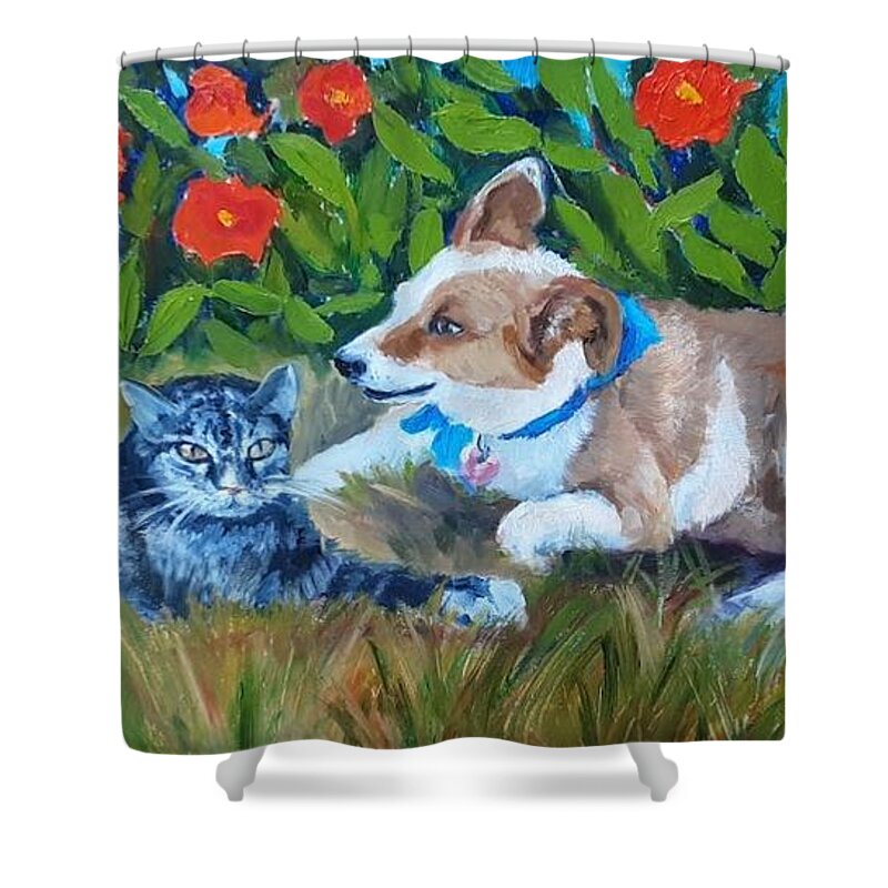 Pet Portrait Shower Curtain featuring the painting Gracie and Chau Chau by Marian Berg
