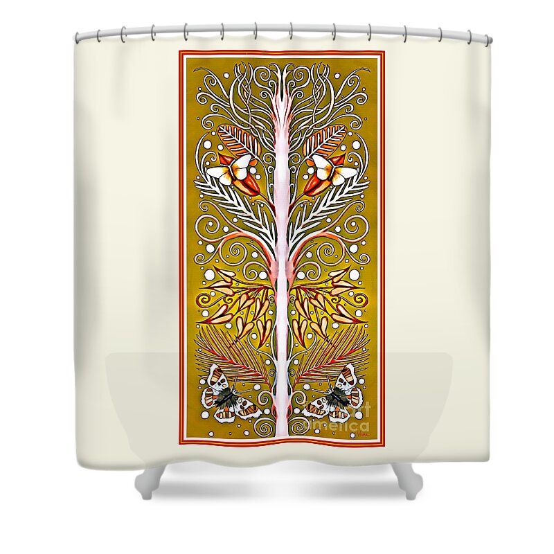 Espalier Shower Curtain featuring the tapestry - textile Grafted Espalier Plant in Gold, White, Red and Pink by Lise Winne