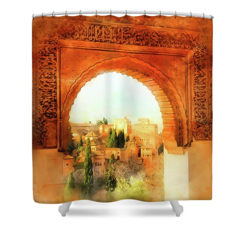Granada Shower Curtain featuring the painting Granada, Alhambra - 07 by AM FineArtPrints