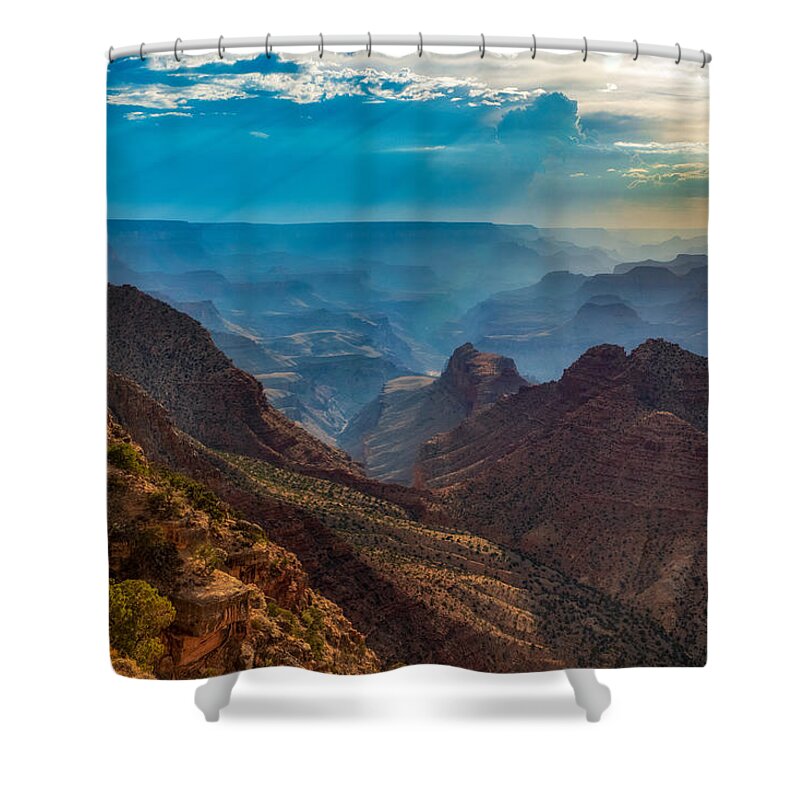 Grand Canyon Foggy Fog Arizona Geology Fstop101 Landscape Blue Hue Mist Misty Shower Curtain featuring the photograph Grand Canyon Foggy Evening by Geno Lee