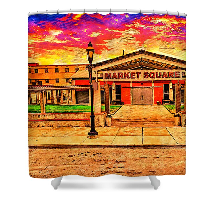 Grand Prairie Farmers Market Shower Curtain featuring the digital art Grand Prairie Farmers Market at sunset - digital painting by Nicko Prints