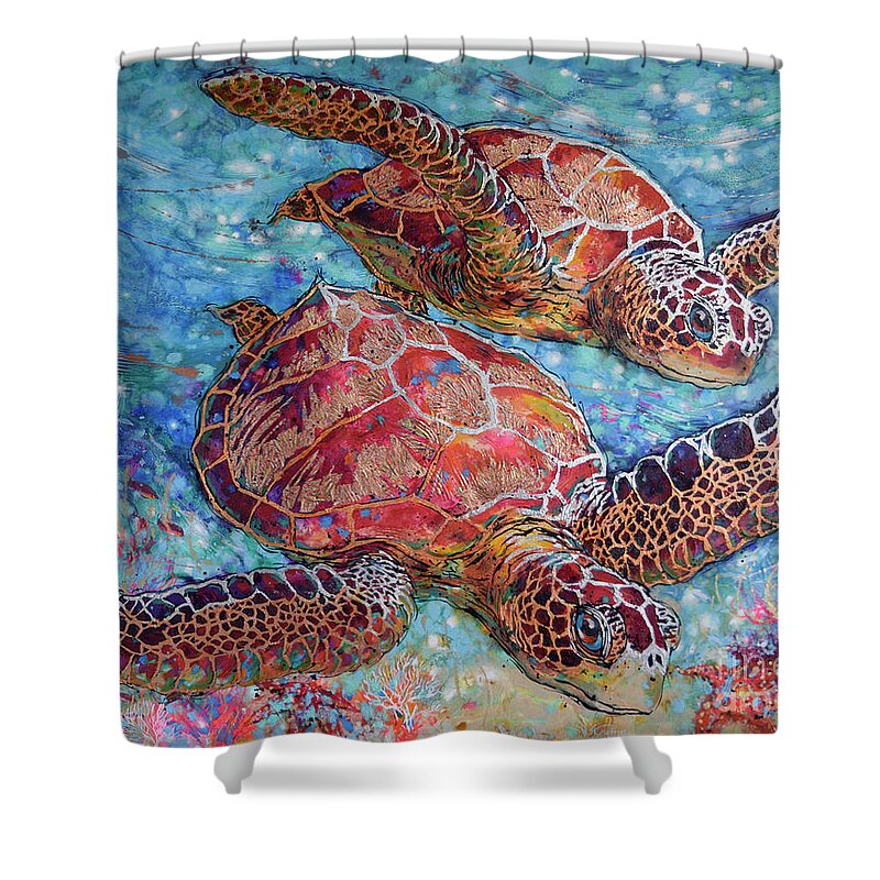Green Sea Turtles Shower Curtain featuring the painting Grand Sea Turtles by Jyotika Shroff