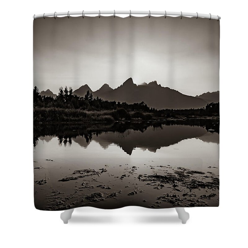 Teton Mountains Shower Curtain featuring the photograph Grand Teton Mountain Range Sunset Reflections Along The Snake River - Sepia Edition by Gregory Ballos