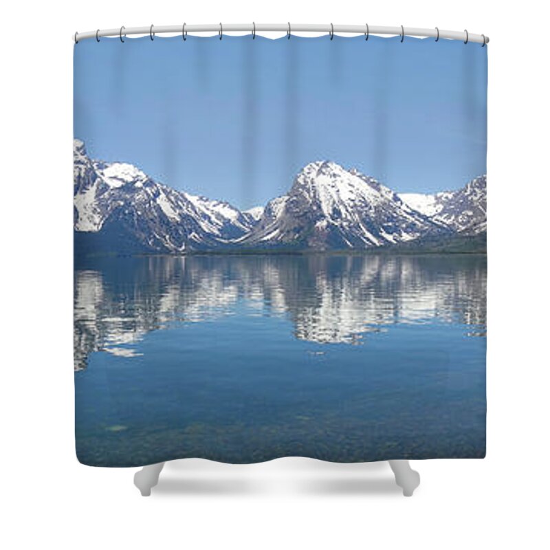 Grand Teton Reflection Panorama Shower Curtain featuring the photograph Grand Teton Mountains Panorama by Dan Sproul