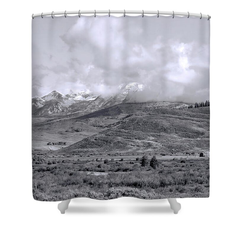 Grand Tetons Shower Curtain featuring the photograph Grand Tetons in the Clouds 1b by Cathy Anderson