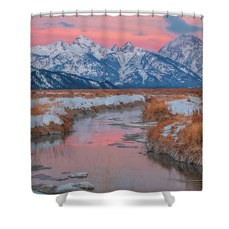 Grand Tetons Shower Curtain featuring the photograph Grand Tetons Winter Sunrise by Marcy Wielfaert
