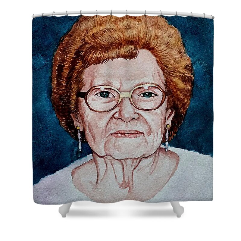 Simon Shower Curtain featuring the painting Grandma Simon by Christopher Shellhammer