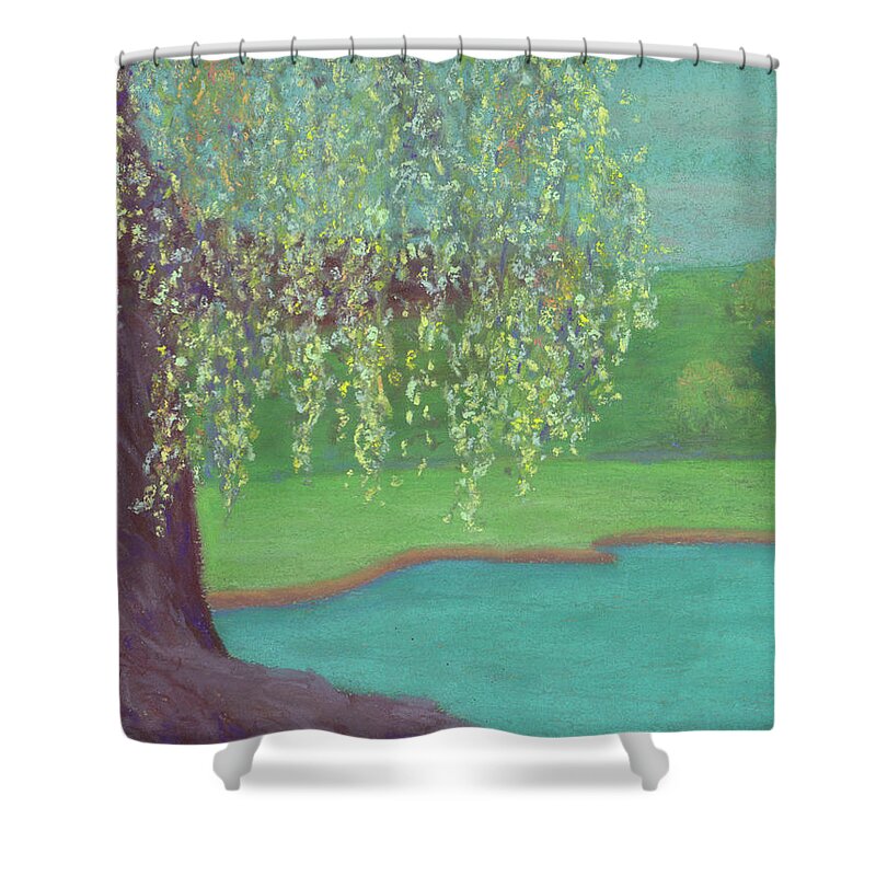 Willow Tree Shower Curtain featuring the pastel Grandmother Willow by Anne Katzeff
