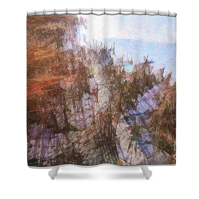 Grass Shower Curtain featuring the digital art Grass Shadows on the Lake by Deb Nakano
