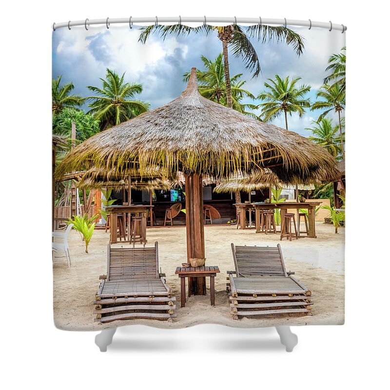 African Shower Curtain featuring the photograph Grass Umbrellas on the Beach by Debra and Dave Vanderlaan