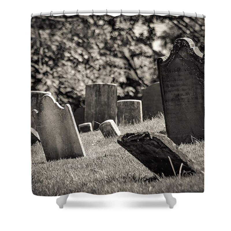 Grave Yard Tomb Stones Trees B&w Shower Curtain featuring the photograph Grave Yard3 by John Linnemeyer