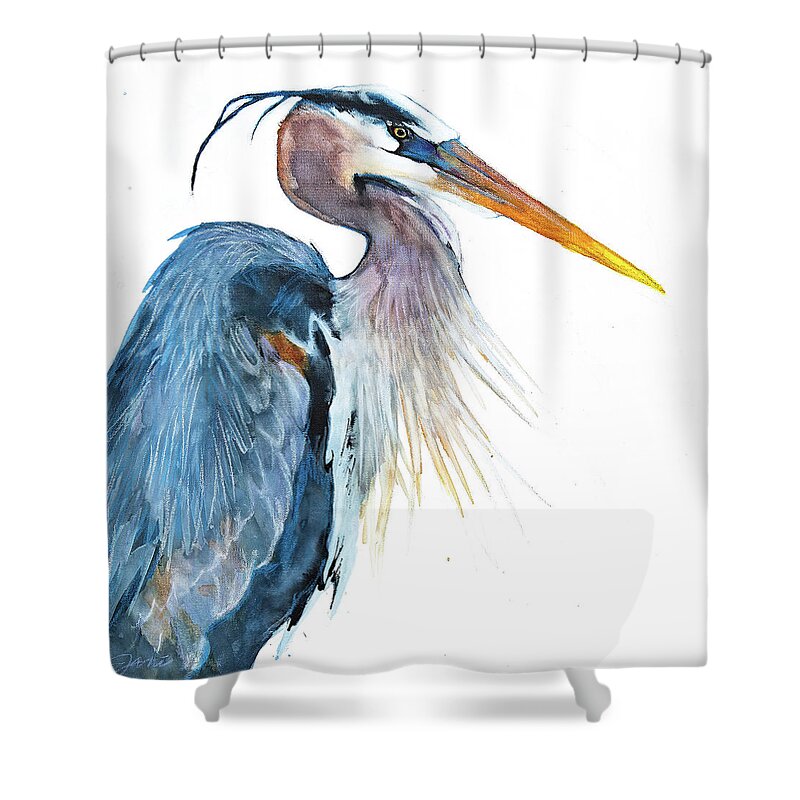 Great Blue Heron Shower Curtain featuring the mixed media Great Blue Heron by Jani Freimann