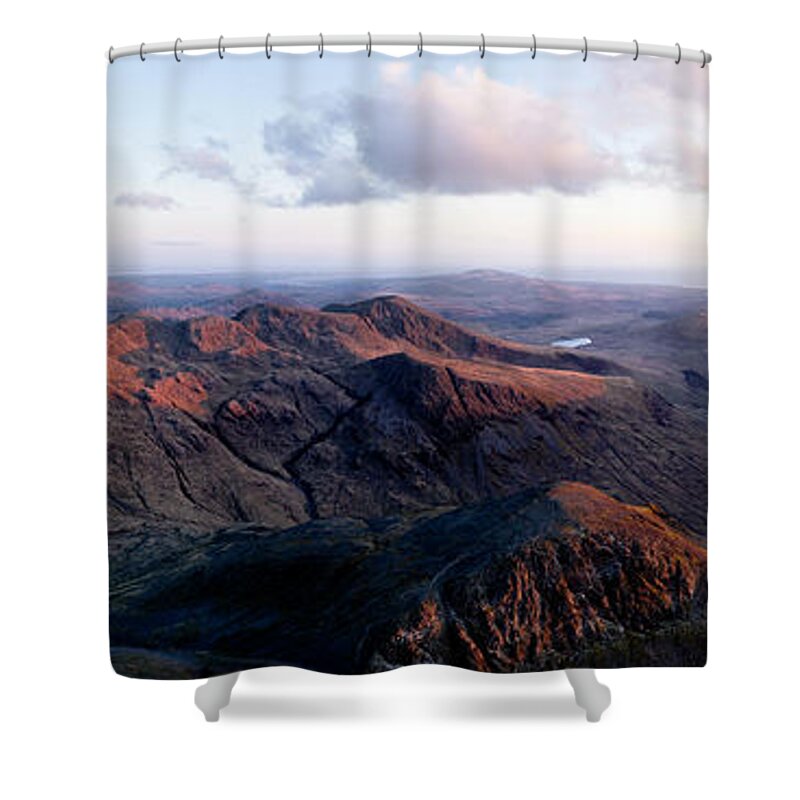 Panorama Shower Curtain featuring the photograph Great gable and Scafell Pike Aerial Lake District by Sonny Ryse