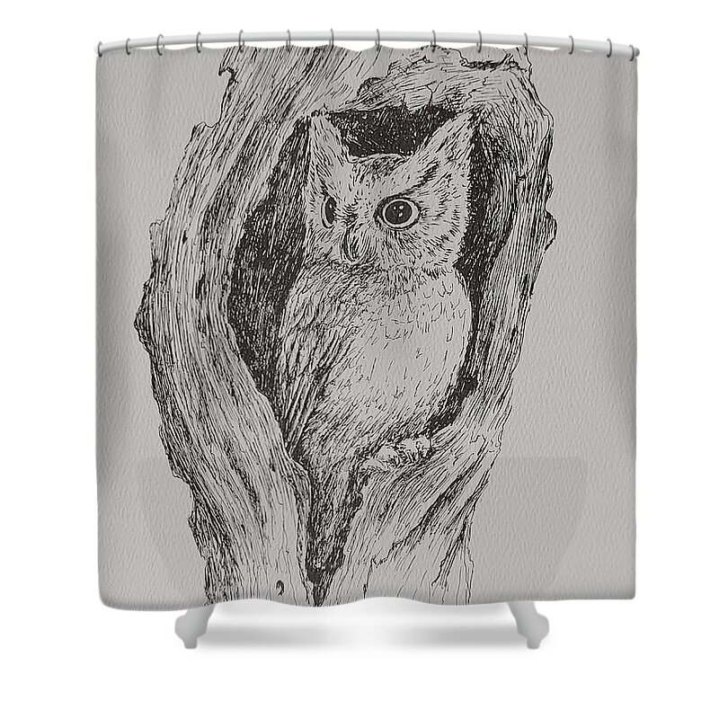 Owl Shower Curtain featuring the drawing Great Horned Owl by ML McCormick