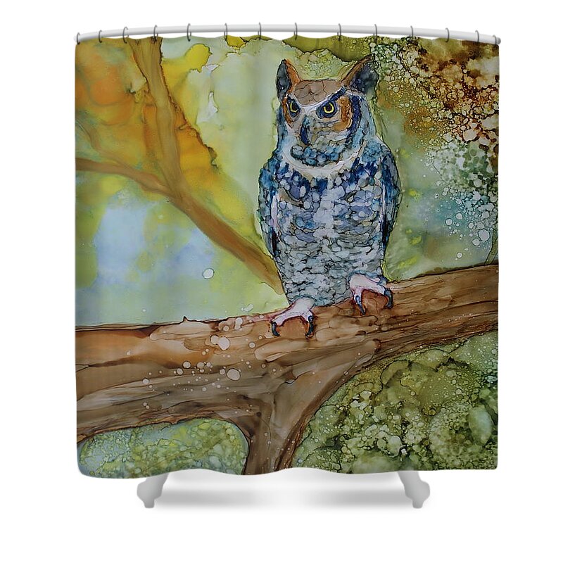 Owl Shower Curtain featuring the painting Great Horned Owl by Ruth Kamenev