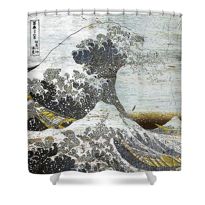 1800s Shower Curtain featuring the painting Great Wave Japanese Outline Hokusai Metallic by Tony Rubino