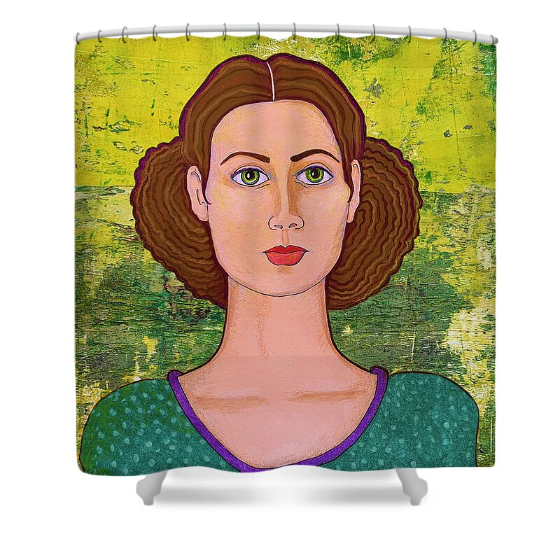 Woman Shower Curtain featuring the mixed media Green Eyed Woman by Lorena Cassady
