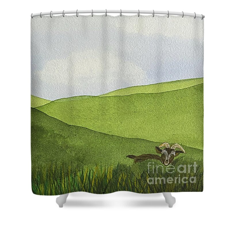 Green Hills Shower Curtain featuring the painting Green Hills and a Goat by Lisa Neuman