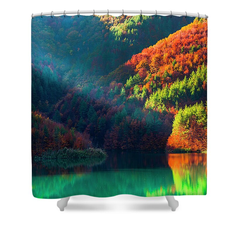 Bulgaria Shower Curtain featuring the photograph Green Lake by Evgeni Dinev