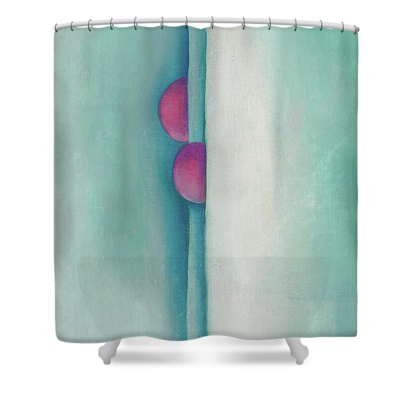 Georgia O'keeffe Shower Curtain featuring the painting Green lines and pink - abstract modernist painting by Georgia O'Keeffe