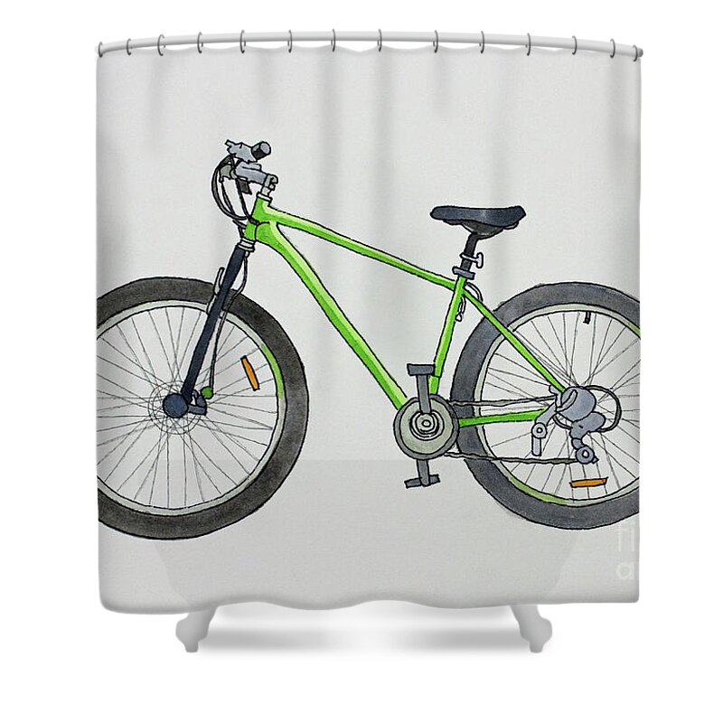 Men's Green Mountain Bike Art Shower Curtain featuring the painting Green Machine Bike by Norma Appleton