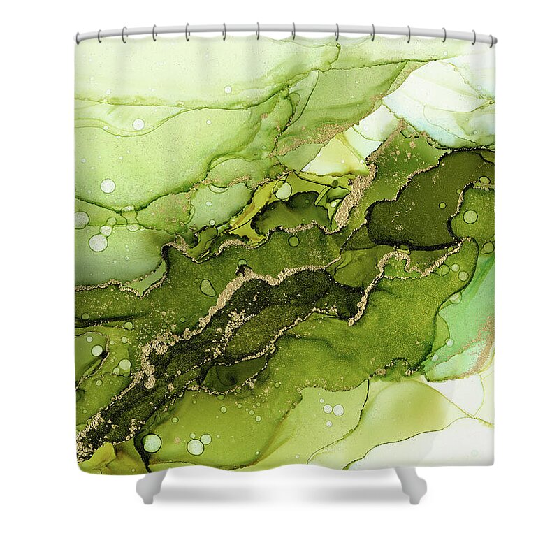 Abstract Ink Shower Curtain featuring the painting Green Olive and Gold Abstract Ink by Olga Shvartsur