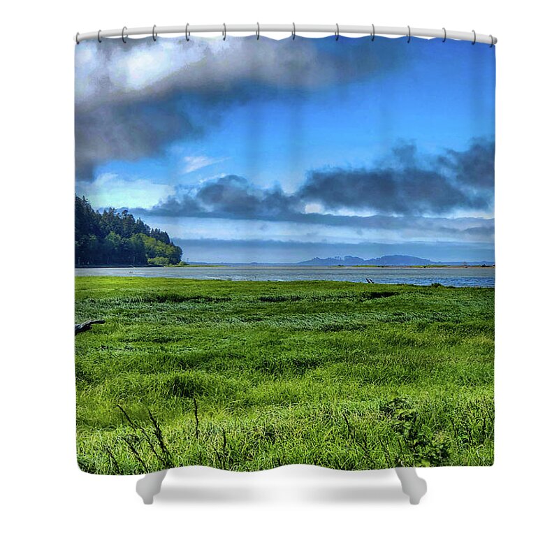 Landscape Shower Curtain featuring the digital art Green Reed Sea by Chriss Pagani