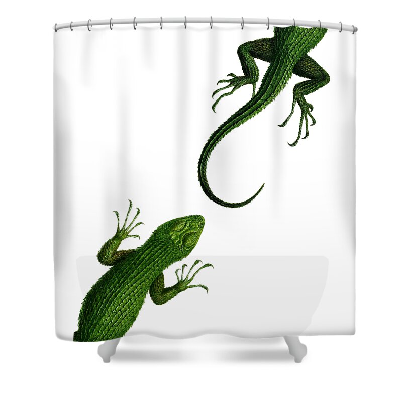 Lizard Shower Curtain featuring the digital art Green reptiles art by Madame Memento