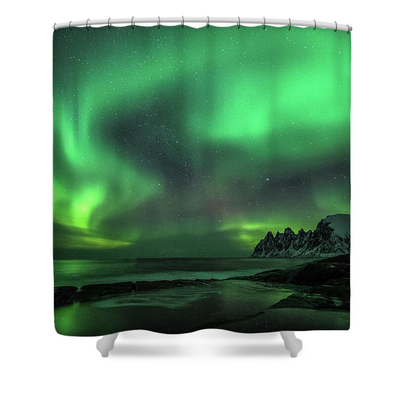 Aurora Shower Curtain featuring the photograph Green Skies by Linda Villers