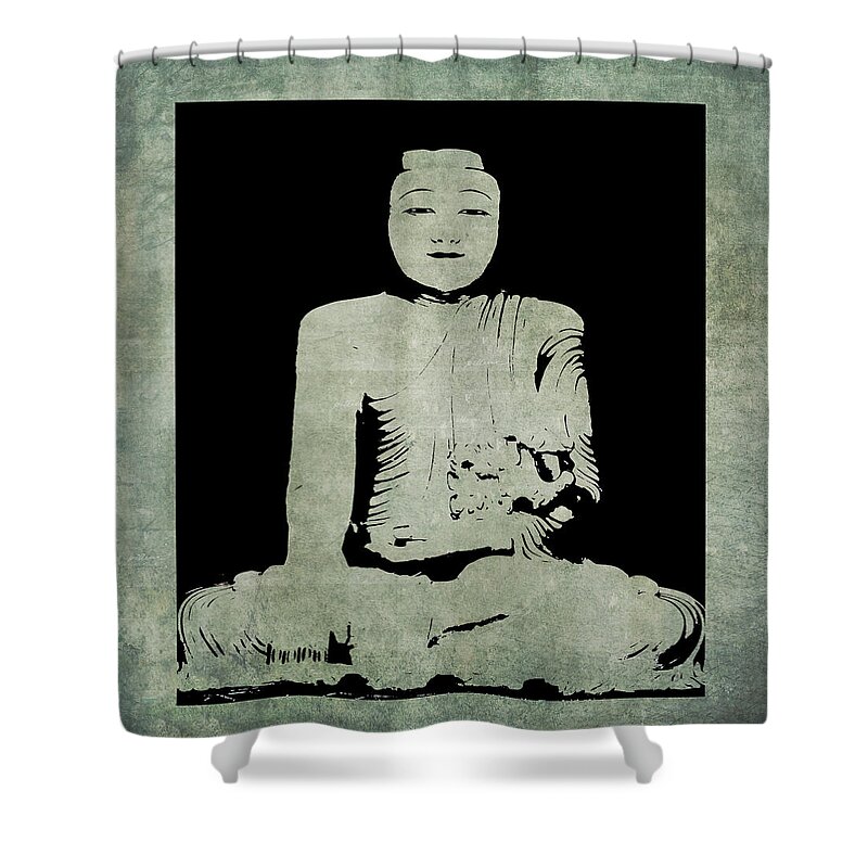 Green Tranquil Buddha Shower Curtain featuring the mixed media Green Tranquil Buddha by Kandy Hurley