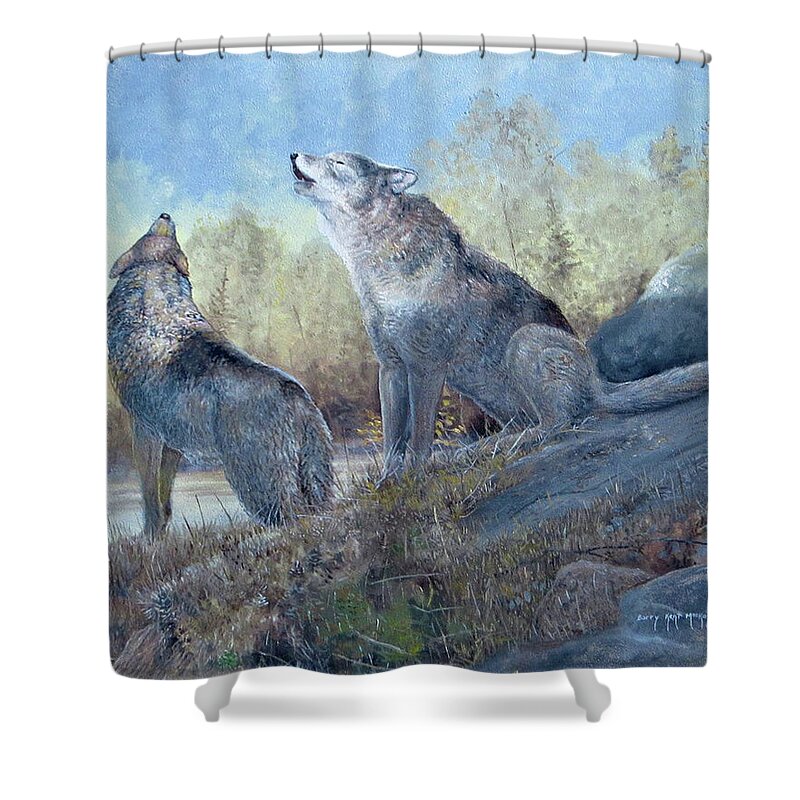 Wolf Shower Curtain featuring the painting Grey Wolves Howling by Barry Kent MacKay
