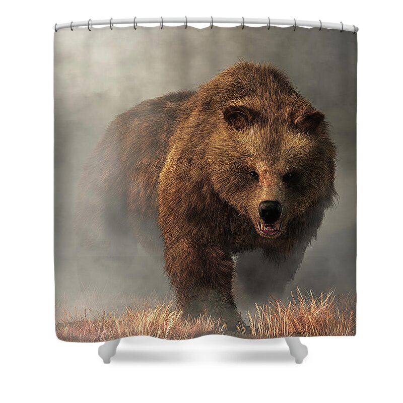 Grizzly Bear Shower Curtain featuring the digital art Grizzly Bear Emerging from the Fog by Daniel Eskridge