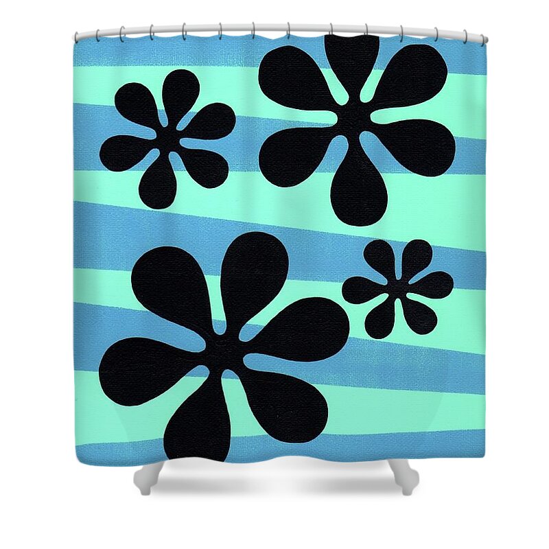 70s Shower Curtain featuring the painting Groovy Flowers on Blue and Light Aqua by Donna Mibus