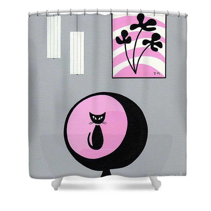 Mid Century Modern Shower Curtain featuring the painting Groovy Pink and Gray Room with Mod Flowers by Donna Mibus