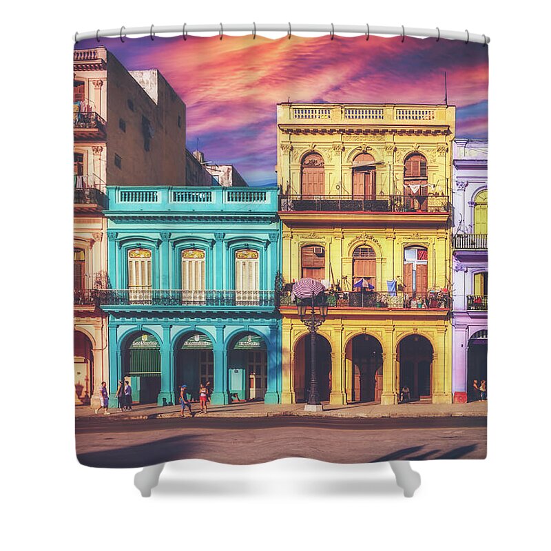Cuba Shower Curtain featuring the photograph Group of famous colorful old buildings in Havana by Karel Miragaya
