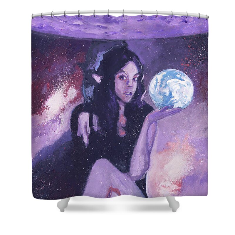 Elf Shower Curtain featuring the painting Guardian of Planet Home by Sv Bell