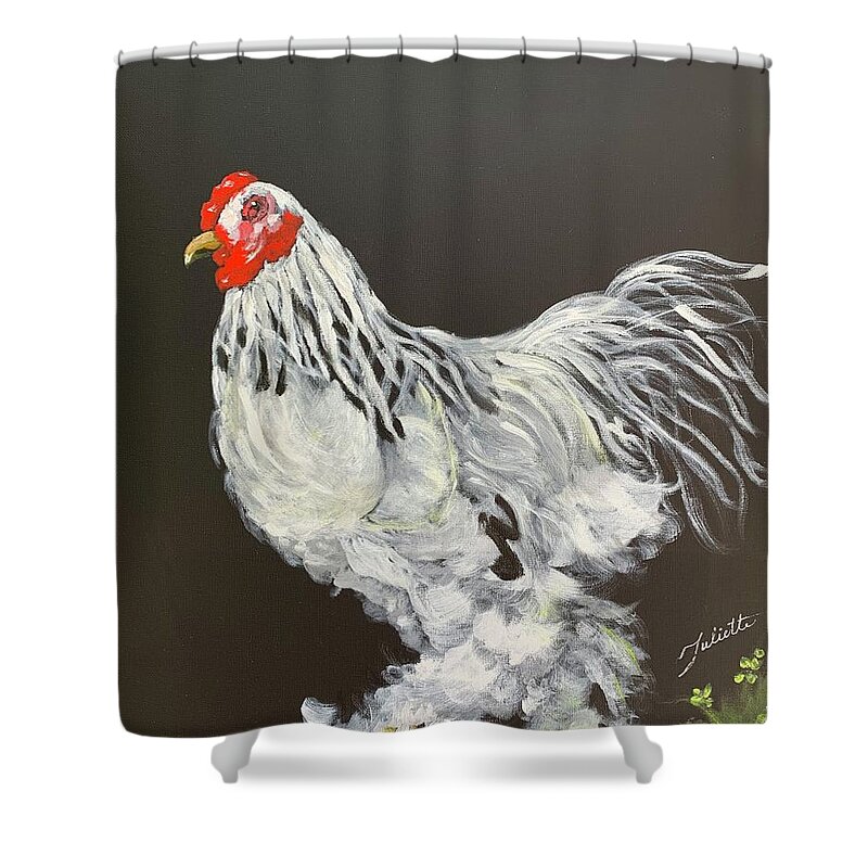 Rooster Shower Curtain featuring the painting Guardian of the Farmyard by Juliette Becker
