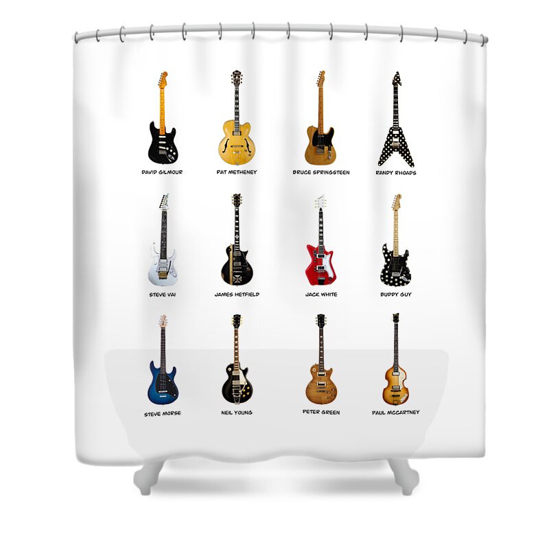Fender Stratocaster Shower Curtain featuring the photograph Guitar Icons No2 by Mark Rogan