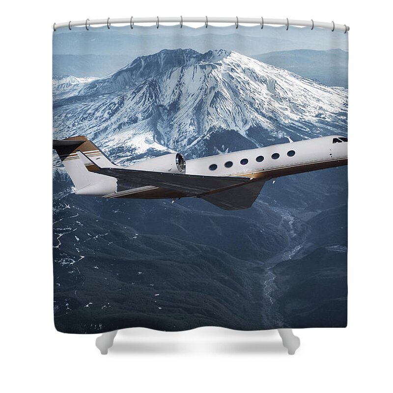 Gulfstream 550 Business Jet Shower Curtain featuring the mixed media Gulfstream 550 and Mt. St. Helens by Erik Simonsen