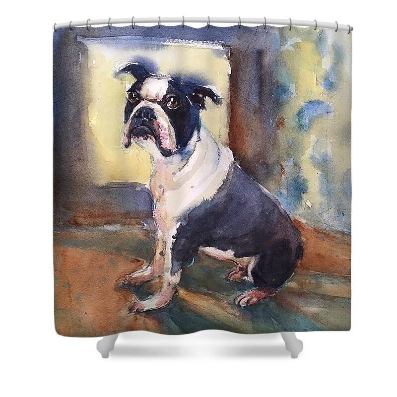 Dog Shower Curtain featuring the painting Gus by Judith Levins