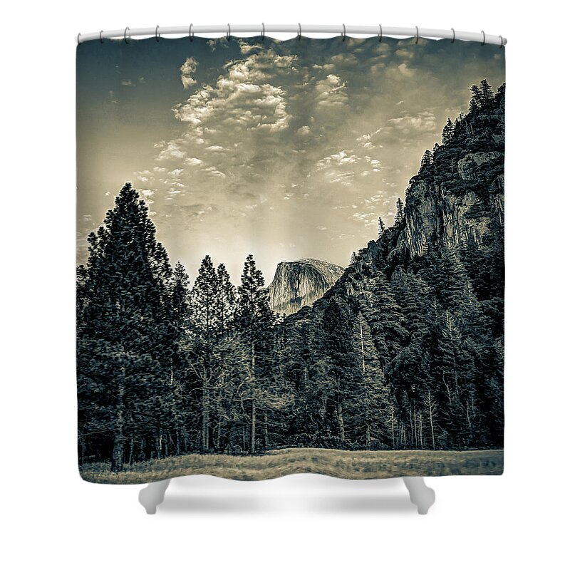 Yosemite Park Shower Curtain featuring the photograph Half Dome Mountain Peak In Yosemite National Park in Sepia by Gregory Ballos