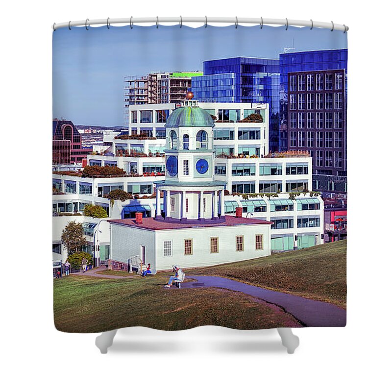 Architecture Shower Curtain featuring the photograph Halifax Town Clock and Halifax Skyline by Ken Morris