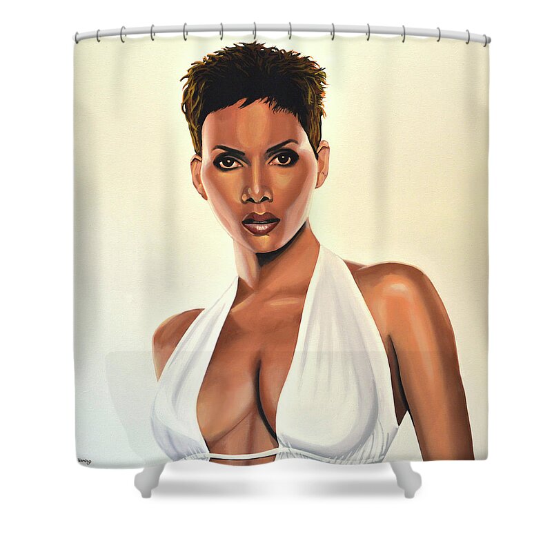 Halle Maria Berry Shower Curtain featuring the painting Halle Berry Painting by Paul Meijering