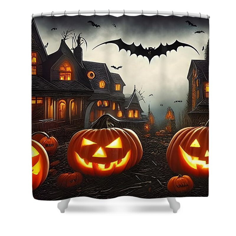 Digital Shower Curtain featuring the digital art Halloween Houses by Beverly Read