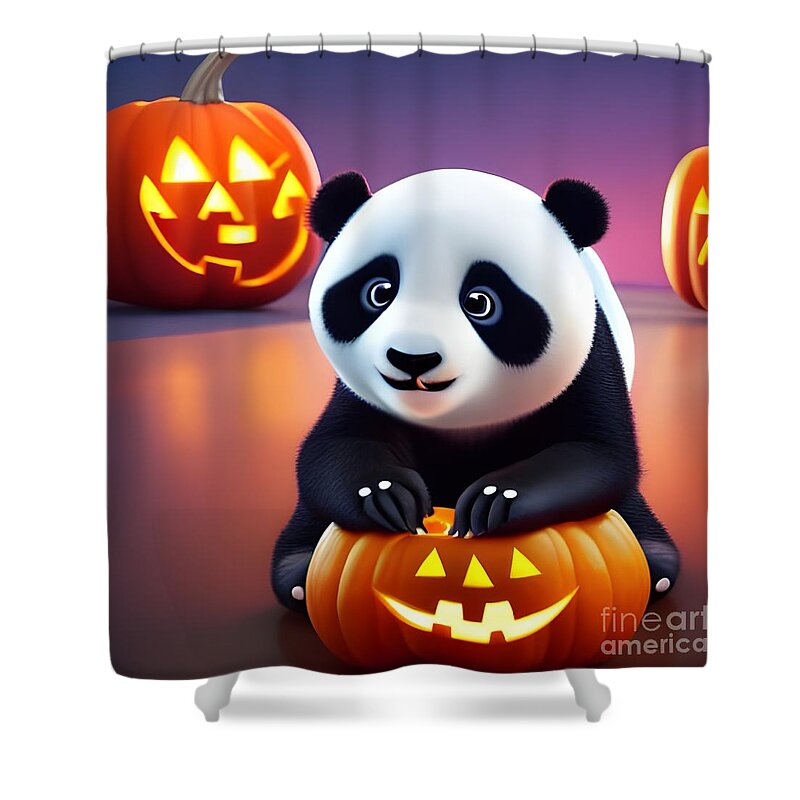 Cute Shower Curtain featuring the digital art Halloween Pixart Panda by Artvizual Premium