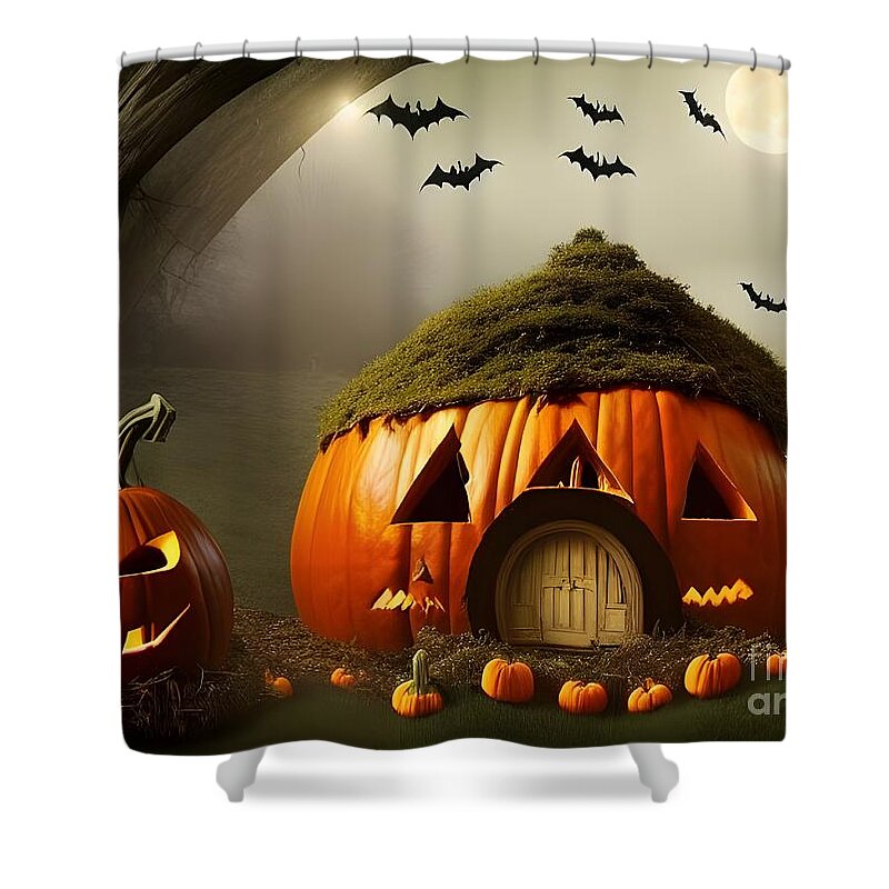 Halloween Shower Curtain featuring the digital art Halloween Pumpkin Cottage by Artvizual Premium