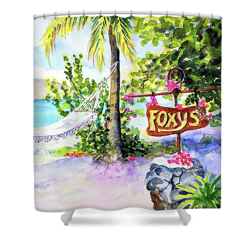 Beach Shower Curtain featuring the painting Hammock on Beach at Foxy's by Carlin Blahnik CarlinArtWatercolor