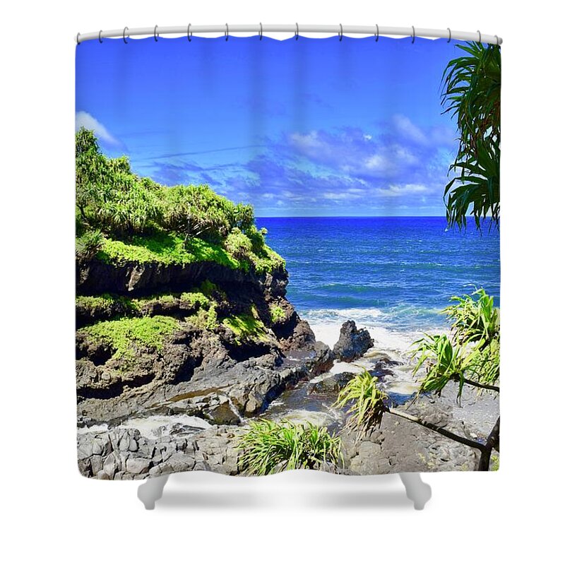 Aloha Shower Curtain featuring the photograph Seven Sacred Pools merging into Hawaiian ocean,Hana,Maui by Bnte Creations