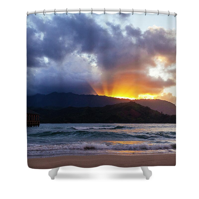 Hanalei Bay Shower Curtain featuring the photograph Hanalei Bay and Pier at Sunset by Laura Tucker