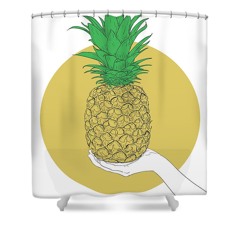 Graphic Shower Curtain featuring the digital art Hand Holding Pineapple - Line Art Graphic Illustration Artwork by Sambel Pedes